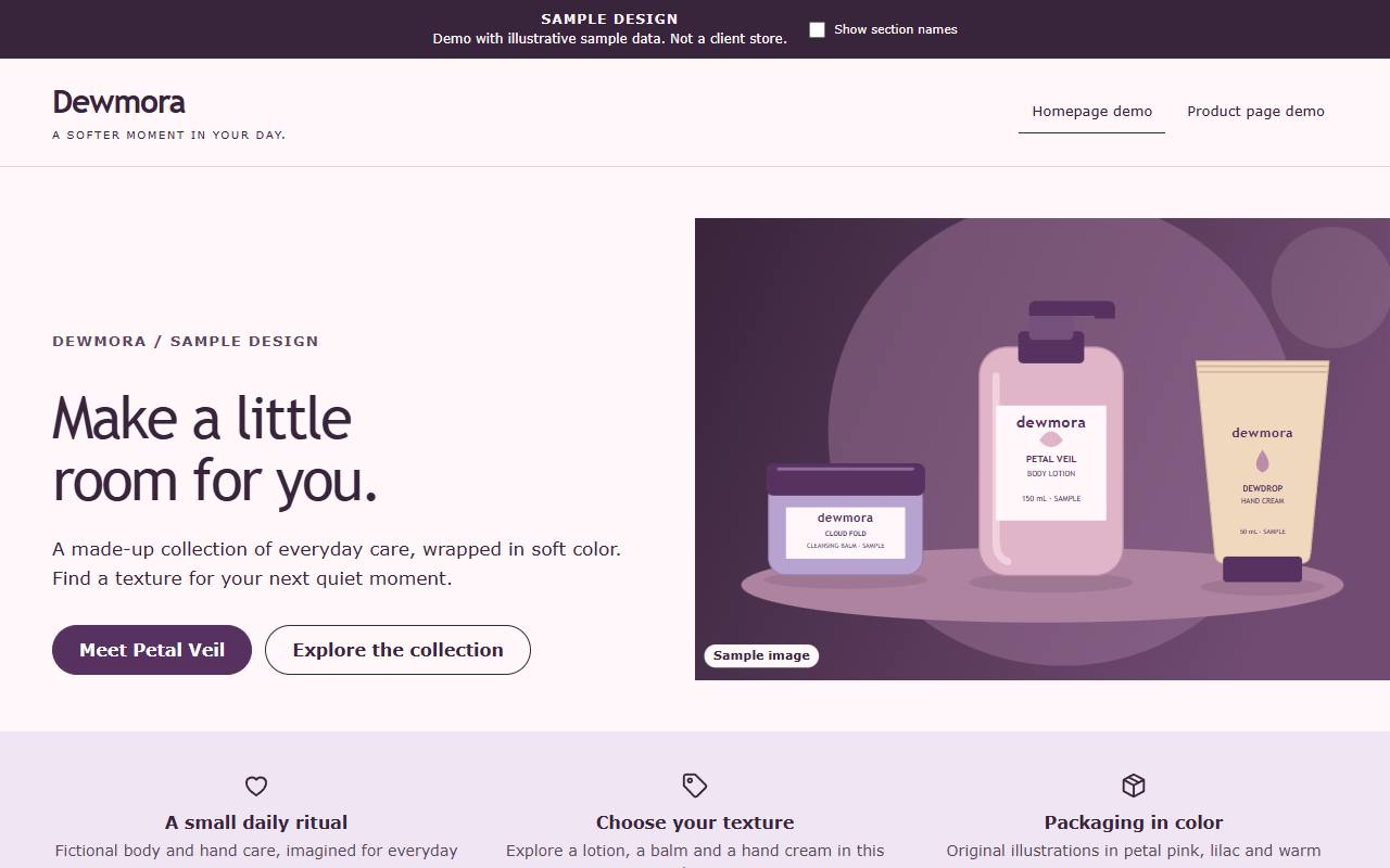 Dewmora skincare sample homepage with plum typography and blush panels