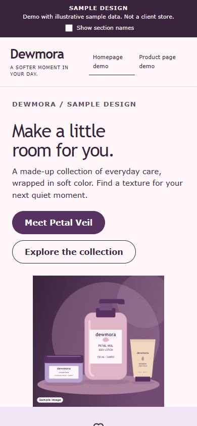 Dewmora sample homepage at phone width, with the Sample design notice and stacked hero
