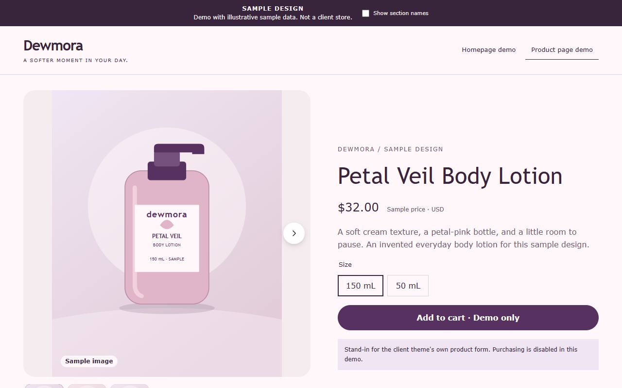 Dewmora Petal Veil Body Lotion sample product page on desktop, with illustrated gallery and sample price