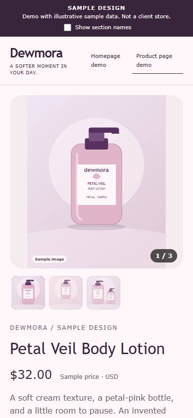 Dewmora sample product gallery at phone width, with the illustrative bottle and gallery controls