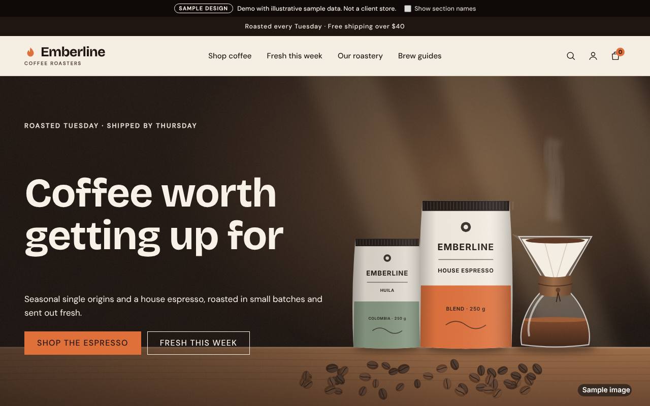 Emberline coffee sample homepage with a dark roastery scene