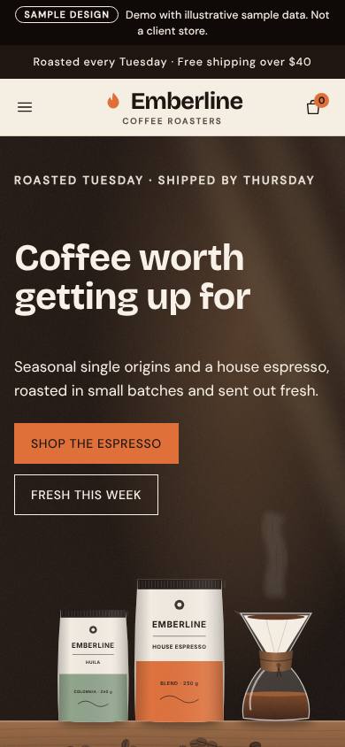 Emberline sample homepage at phone width, with the Sample design notice, headline and illustrated coffee bags