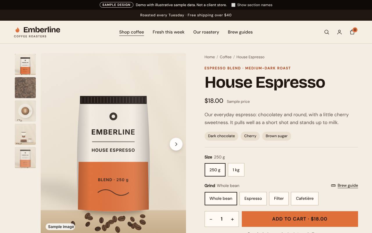 Emberline House Espresso sample product page on desktop, with a bag gallery, tasting notes, size and grind options