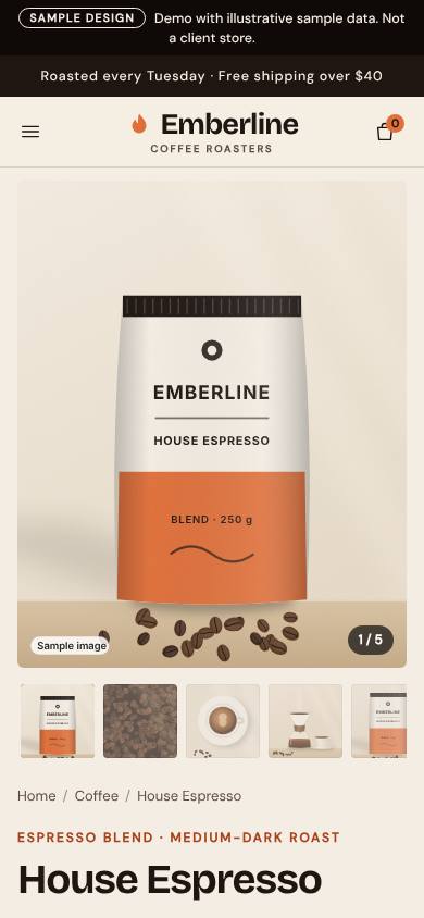 Emberline sample product page at phone width, with the illustrated coffee bag gallery and breadcrumb