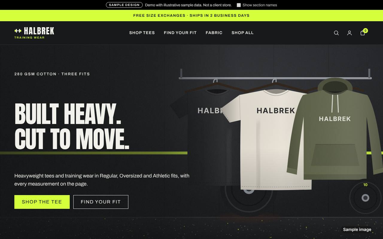 Halbrek gym apparel sample homepage with a bold headline and illustrated training wear