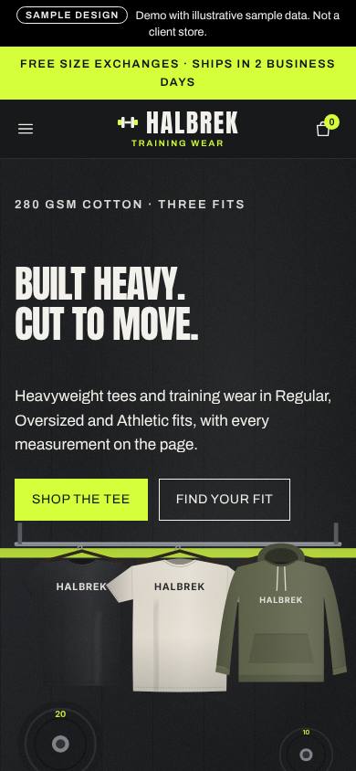 Halbrek sample homepage at phone width, with the Sample design notice, headline and illustrated training wear