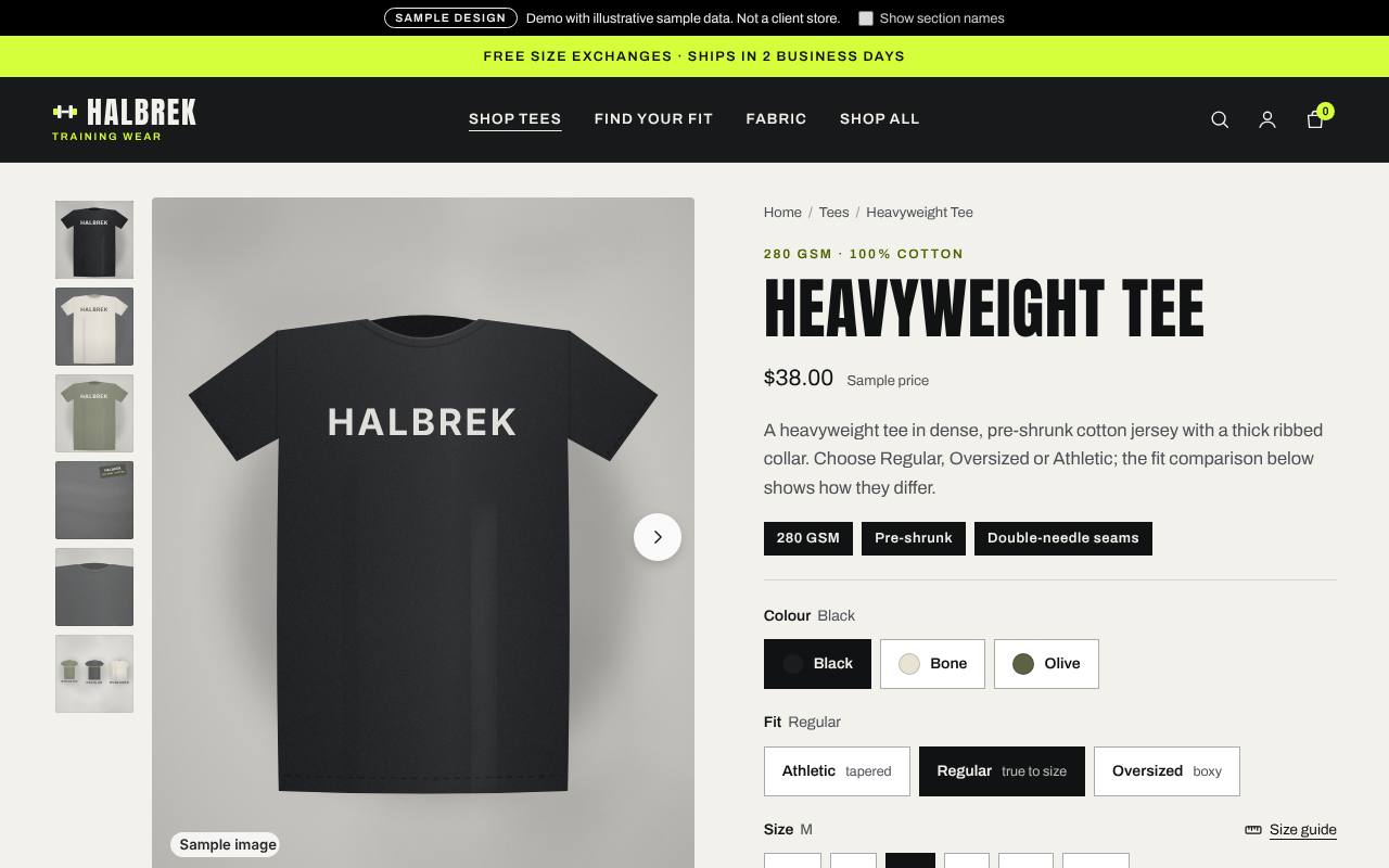 Halbrek Heavyweight Tee sample product page on desktop, with a tee gallery, 280 GSM details, colour, fit and size options