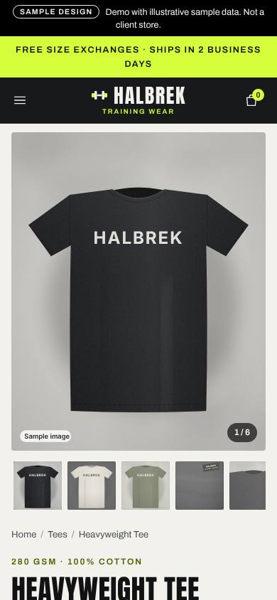 Halbrek sample product page at phone width, with the illustrated tee gallery and breadcrumb