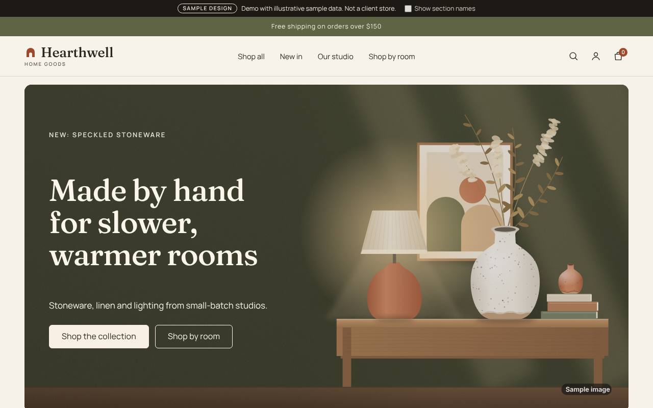 Hearthwell home goods sample homepage with an olive interior scene