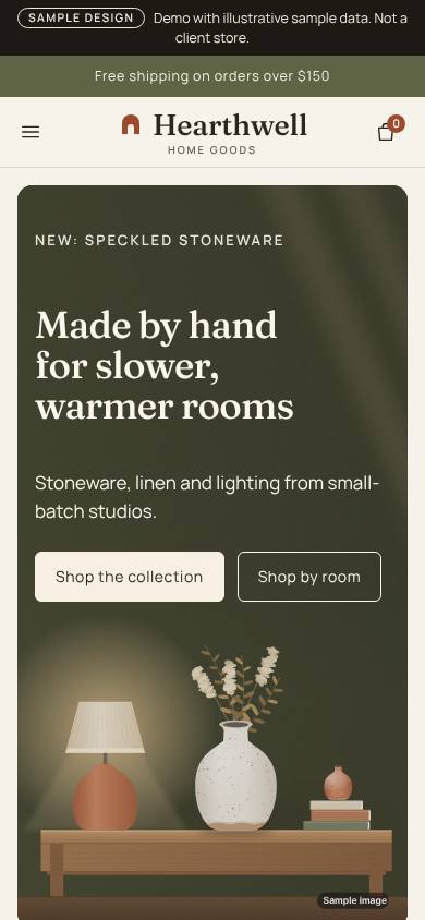 Hearthwell sample homepage at phone width, with the Sample design notice, headline and illustrated console scene