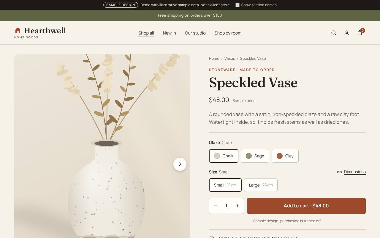Hearthwell Speckled Vase sample product page on desktop, with a large gallery, glaze swatches and size options