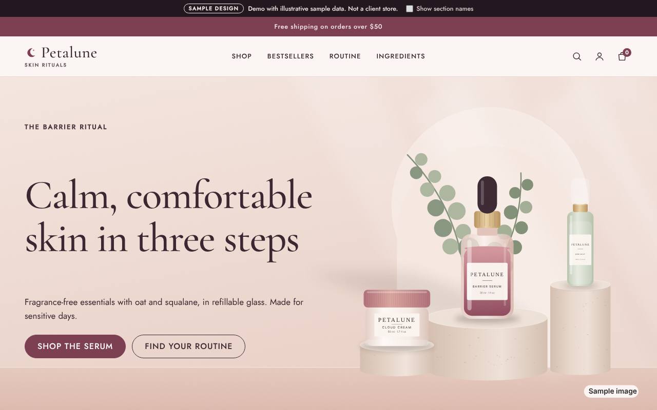 Petalune skincare sample homepage with a serif headline and illustrated bottles
