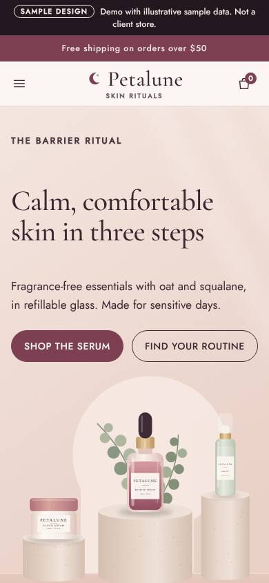 Petalune sample homepage at phone width, with the Sample design notice, headline and illustrated products on stone plinths