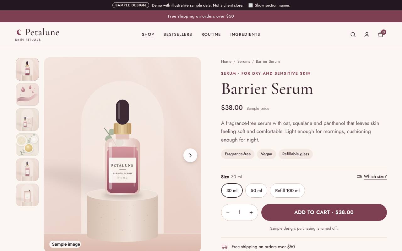 Petalune Barrier Serum sample product page on desktop, with a thumbnail gallery, size options and a disabled add to cart button