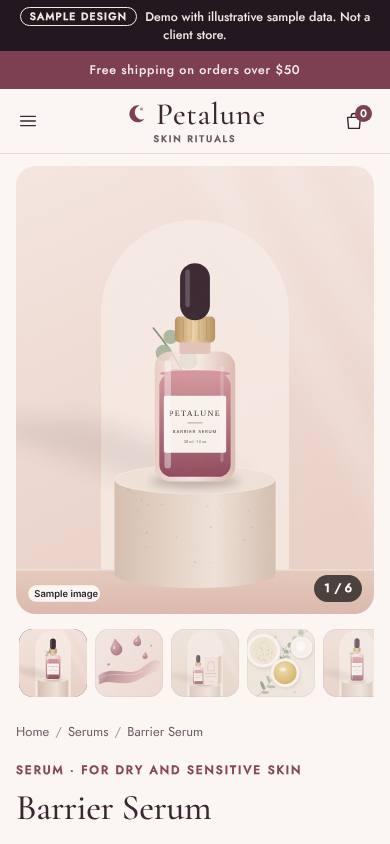 Petalune sample product page at phone width, with the illustrated serum gallery and breadcrumb