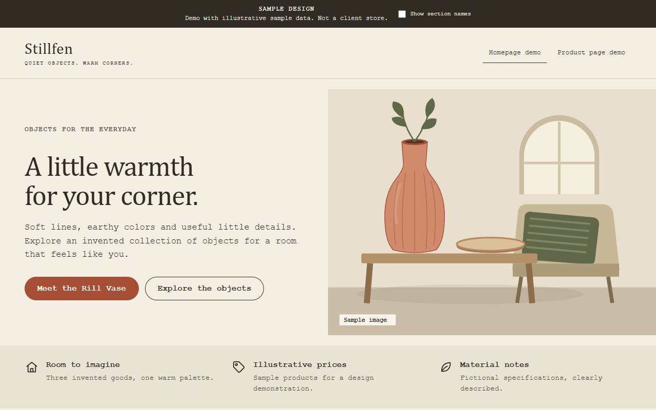 Stillfen home goods sample homepage with cream and terracotta colors