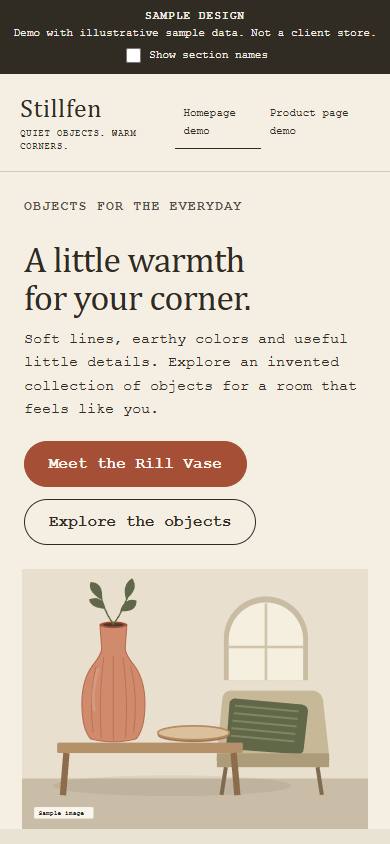 Stillfen sample homepage at phone width, with the Sample design notice and stacked editorial hero