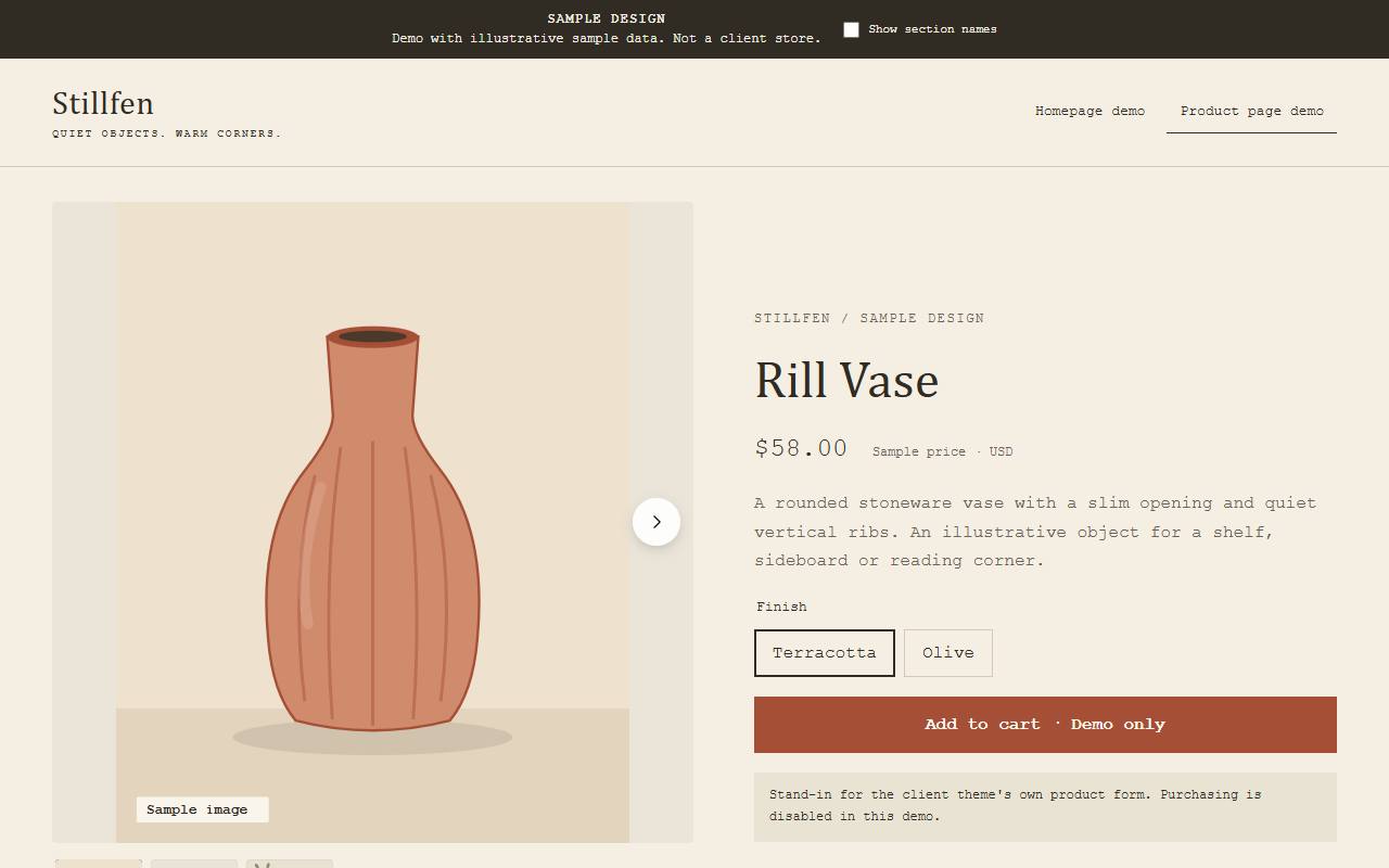 Stillfen sample decor product page on desktop, with illustrated gallery, finish options and sample price