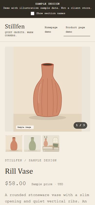 Stillfen sample product gallery at phone width, with illustrated decor and gallery navigation