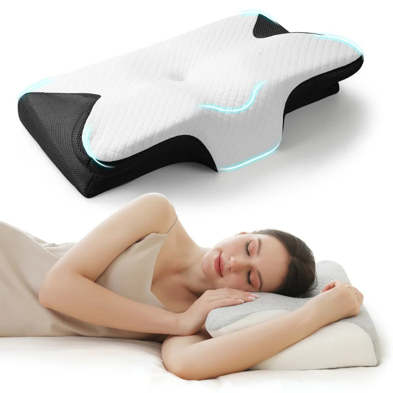 Memory Foam Neck Support Pillow | Ergonomic Ice Silk Cover, 100% Cotton Fill