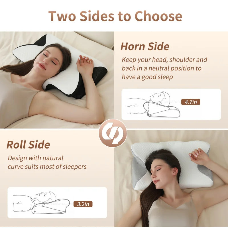 Memory Foam Neck Support Pillow | Ergonomic Ice Silk Cover, 100% Cotton Fill