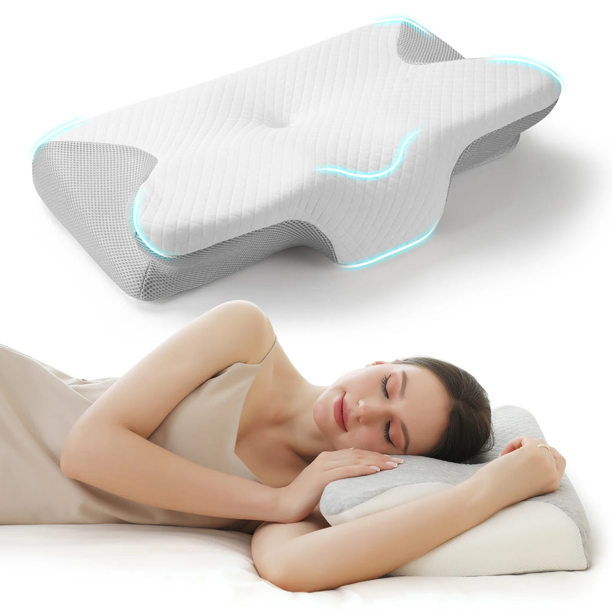 Memory Foam Neck Support Pillow | Ergonomic Ice Silk Cover, 100% Cotton Fill