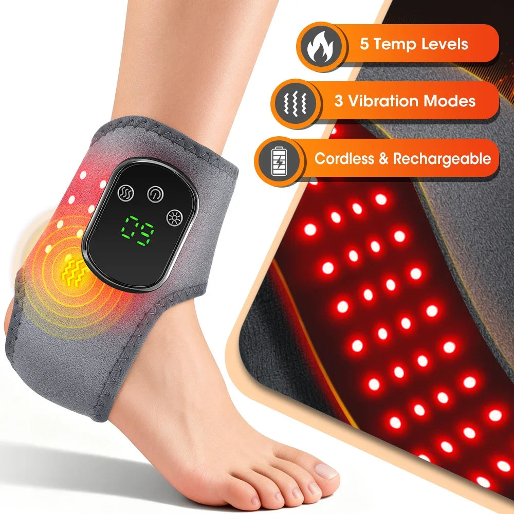 Red Light Ankle Brace | 5 Heat Levels, 3 Vibration Modes, 40 LEDs, Rechargeable