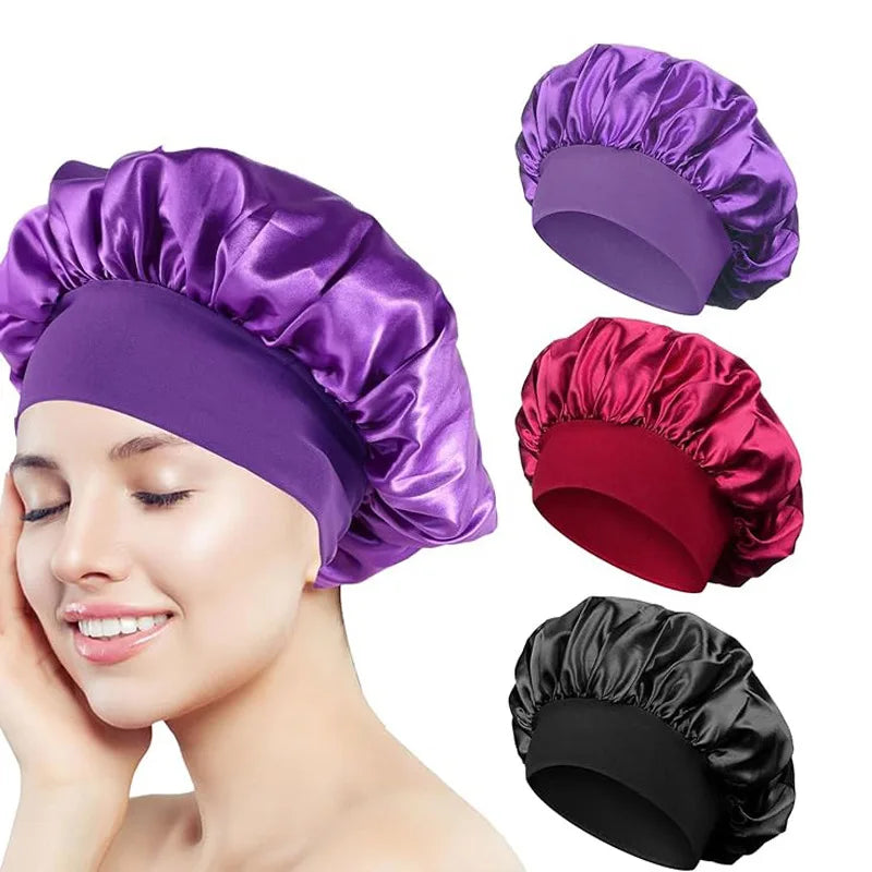 Women Satin Hair Bonnet | Solid Silk Sleeping Hat with Wide Brim and Soft Elastic Band