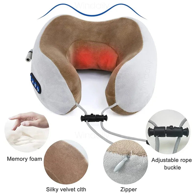 Electric Neck Massager | U-Shaped Memory Foam Pillow with Heat & Vibration for Cervical Pain Relief