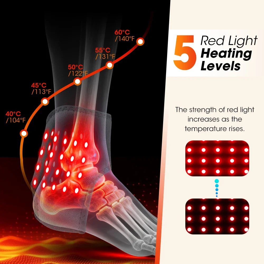 Red Light Ankle Brace | 5 Heat Levels, 3 Vibration Modes, 40 LEDs, Rechargeable