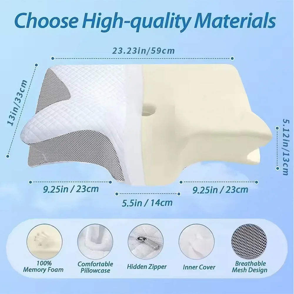 Memory Foam Neck Support Pillow | Ergonomic Ice Silk Cover, 100% Cotton Fill