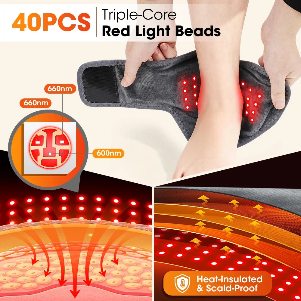 Red Light Ankle Brace | 5 Heat Levels, 3 Vibration Modes, 40 LEDs, Rechargeable